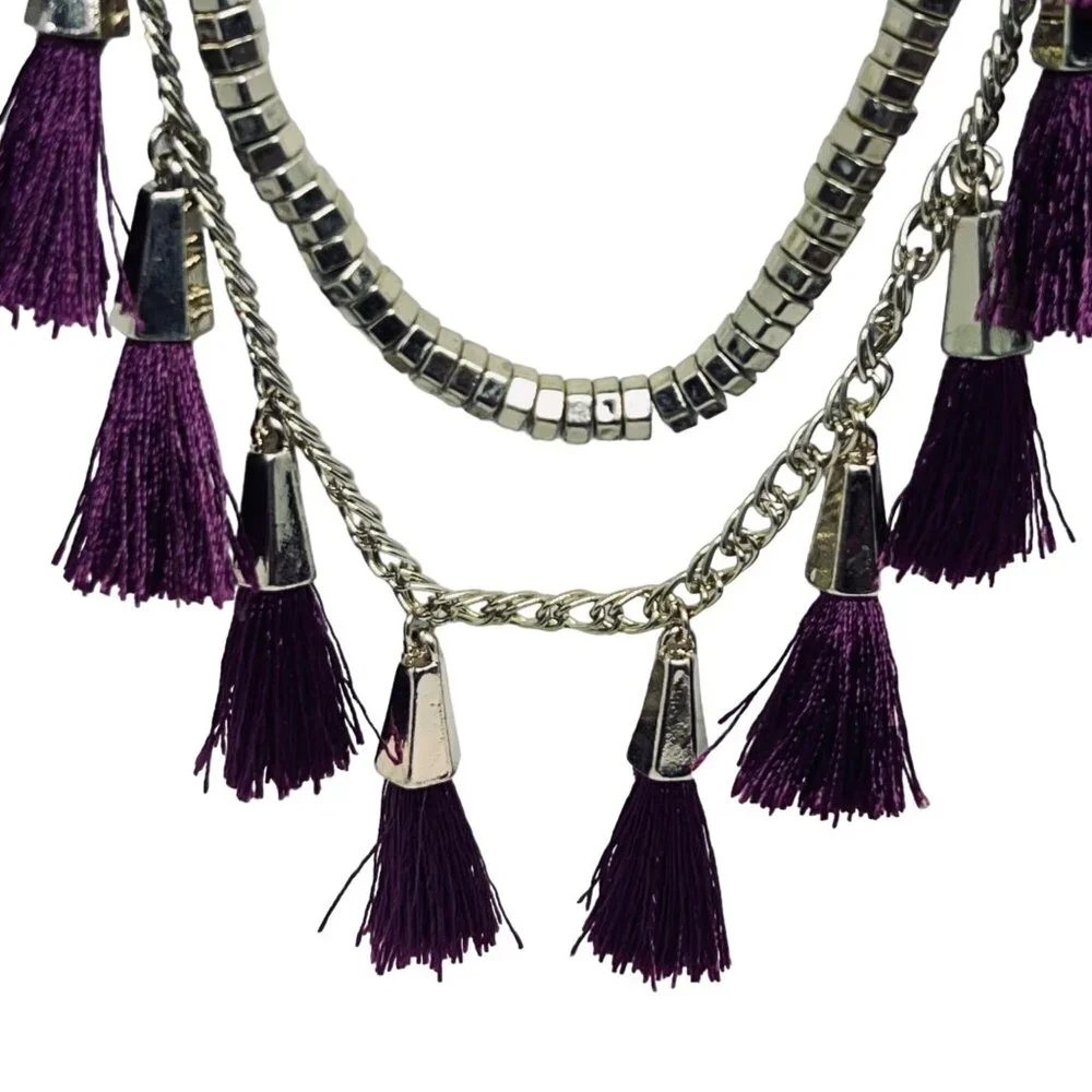 Double Strand Gold Tone Curb Chain Statement Necklace With Purple Tassels (5452) - Picture 3 of 8